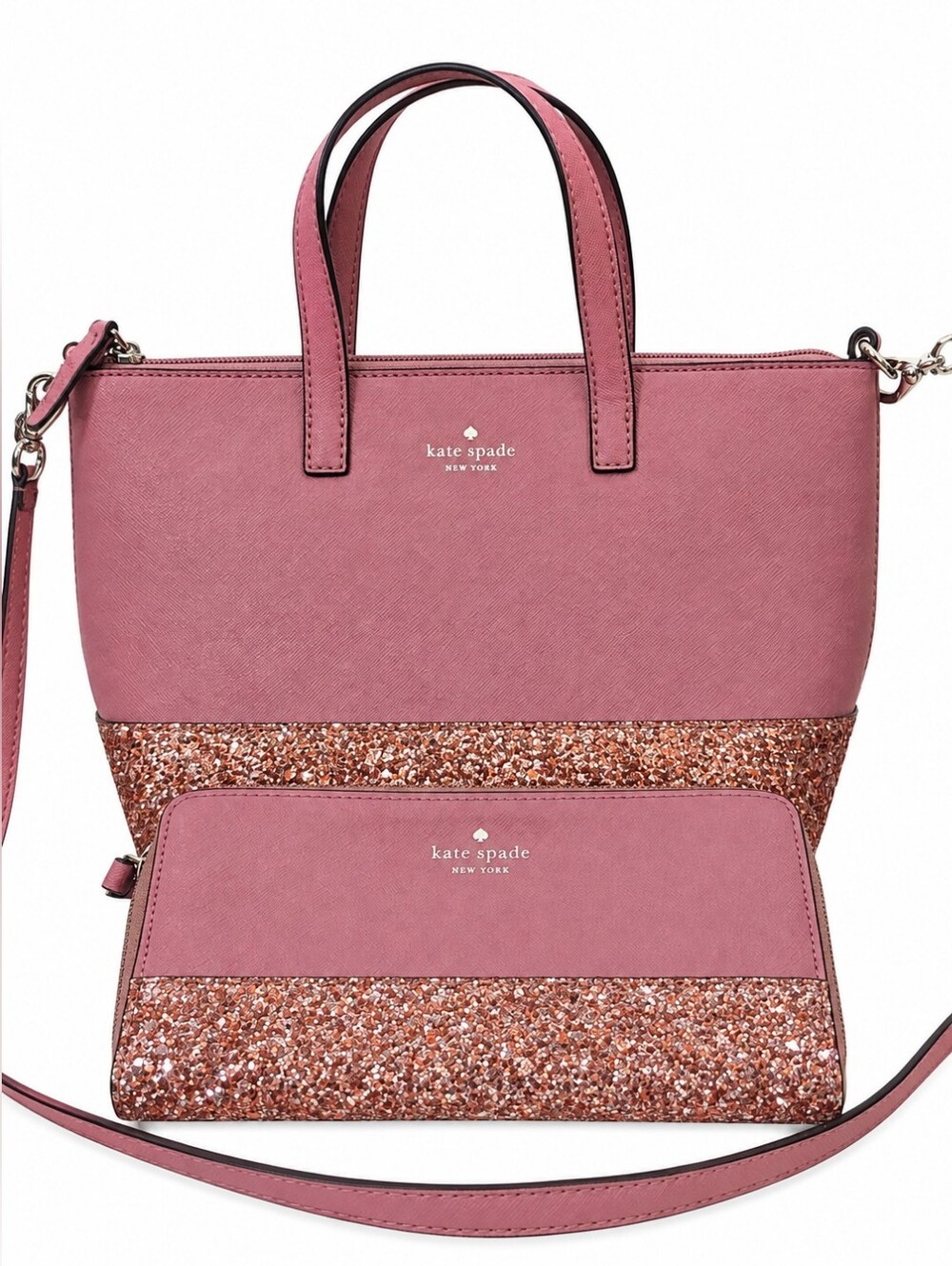 Kate Spade Mauve Pink Leather & Glitter Tote w/ Matching Long Wallet EUC